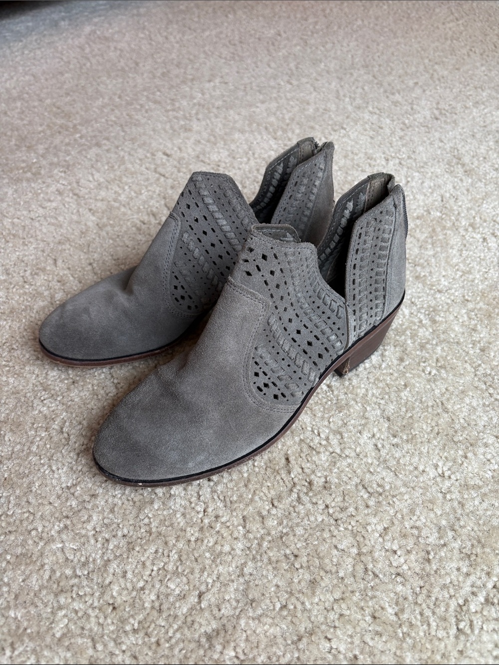 Vince Camuto Grey Suede Laser-Cut Ankle Booties